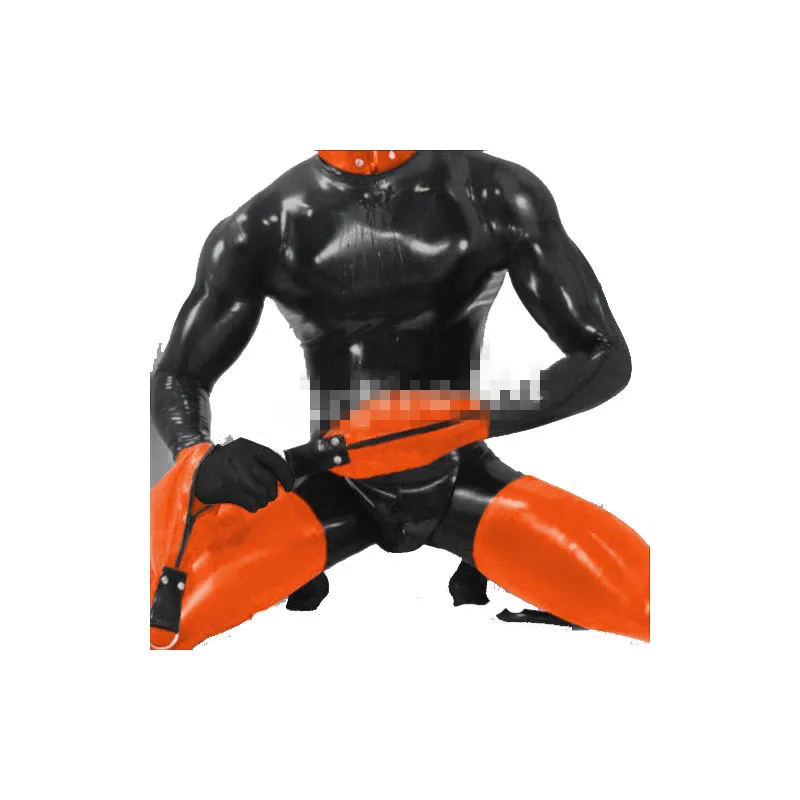 

Latex Rubber Bodysuit Orange and Black Handsome Men Catsuit With Zipper Size XXS-XXL