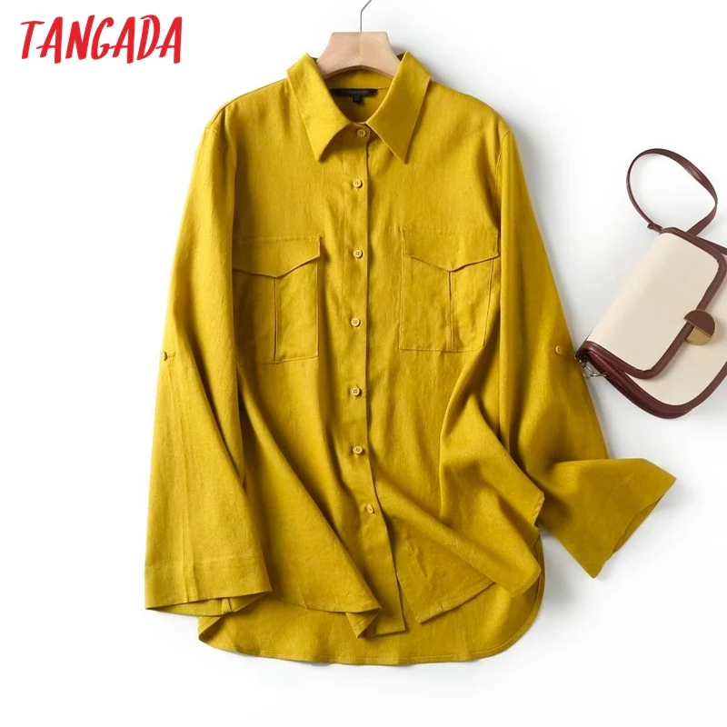 Tangada 2023 Women High Quality Cotton Linen Work Shirt Blouse Chic Female Office Lady Tops 4C272