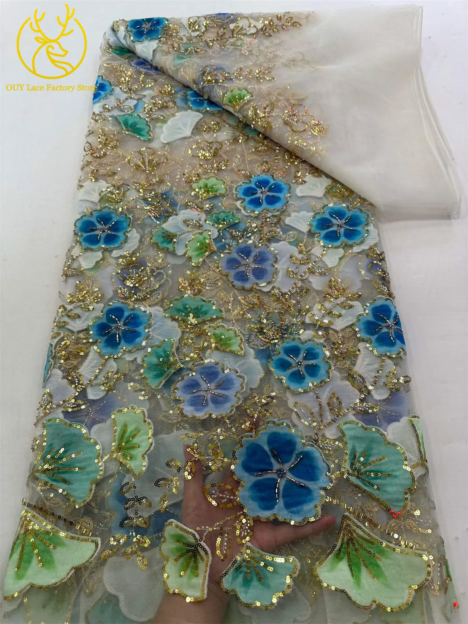Nigerianischer eleganter Perlen-Blumen-Spitzenstoff, 5 Yards, modischer französischer Spitzenstoff mit goldenen Pailletten für Brautkleider zum Nähen – Detail 8