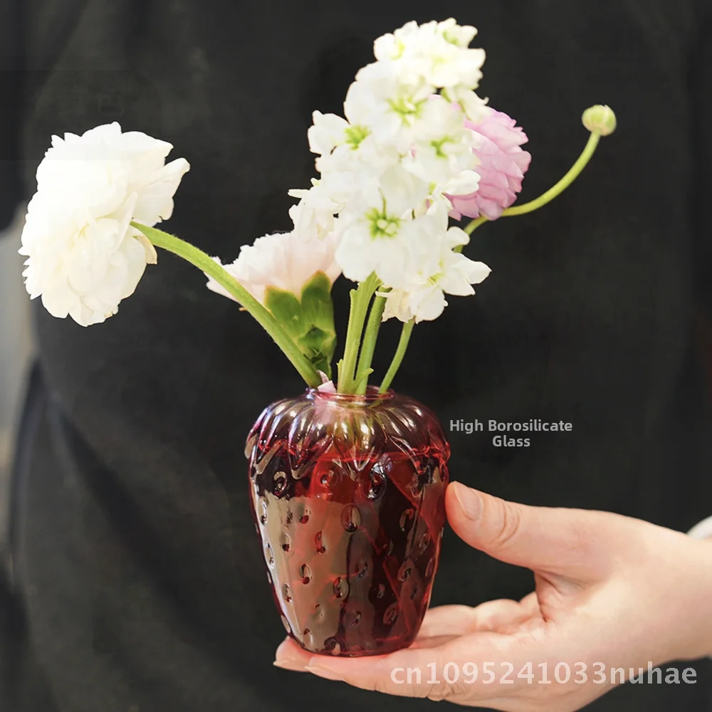 Red Strawberry Glass Vase - Modern Style Aromatherapy Hydroponic Flower Pot Cute Home Decor High Borosilicate Glass