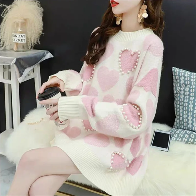 Spring Autumn New Korean Beaded Heart Printing Knitting Sweater Women Pullover Tops Korean Casual Long Sleeve Female Knit Jumper