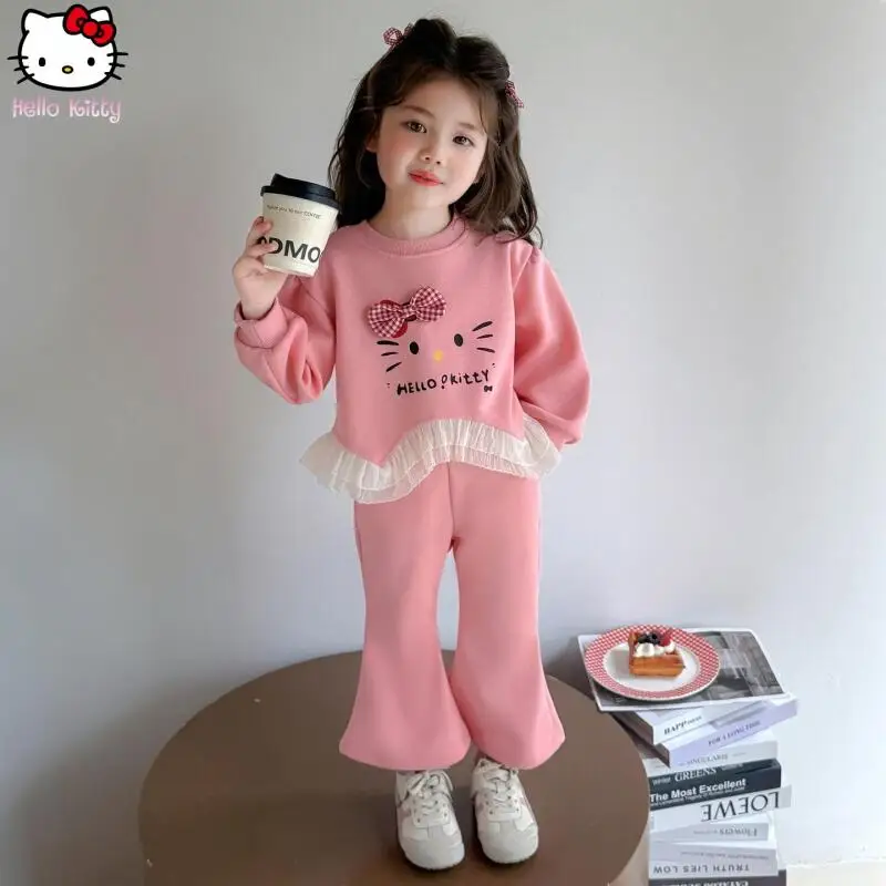 

Футболка с рисунком «Hello Kitty» для девочек, кружевной комплект с длинными рукавами, аниме, весенне-осенняя толстовка с капюшоном, прямые брюки Kawaii Sanrio, широкие брюки