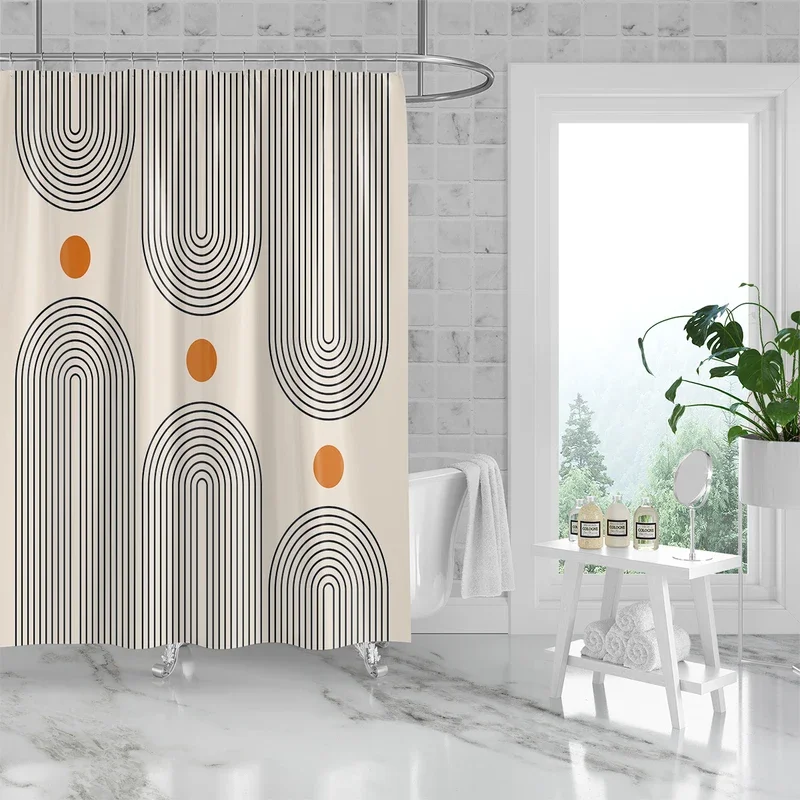 1PC, 180x180cm bathroom polyester shower curtain, mold resistant, waterproof, perforated with hooks, curved geometric stripes