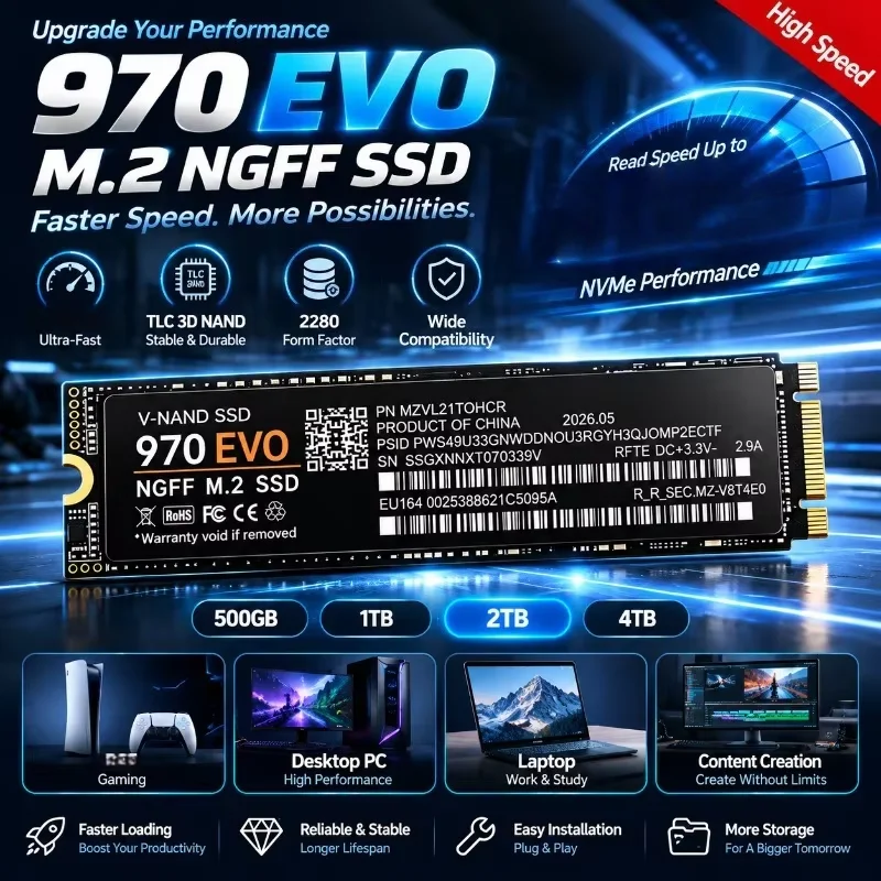 970 EVO M.2 NGFF SSD  TLC 3D NAND 2280 Internal Solid State Drive 500GB 1TB 2TB 4TB For Gaming Desktop Laptop PC Storage