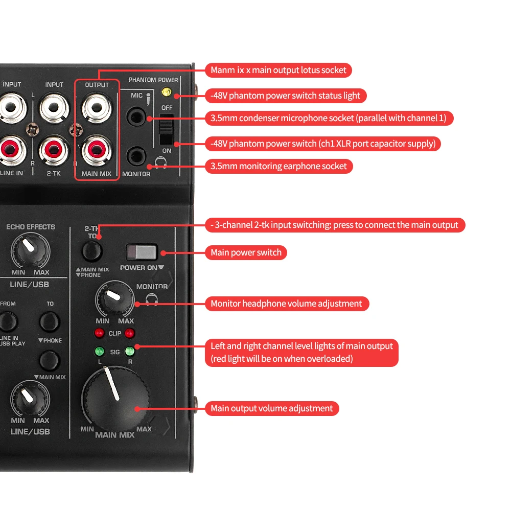 Mini mischen konsole, 5-kanal mikrofon linie, digitale audio live singen aufnahme soundkarte, USB audio interface