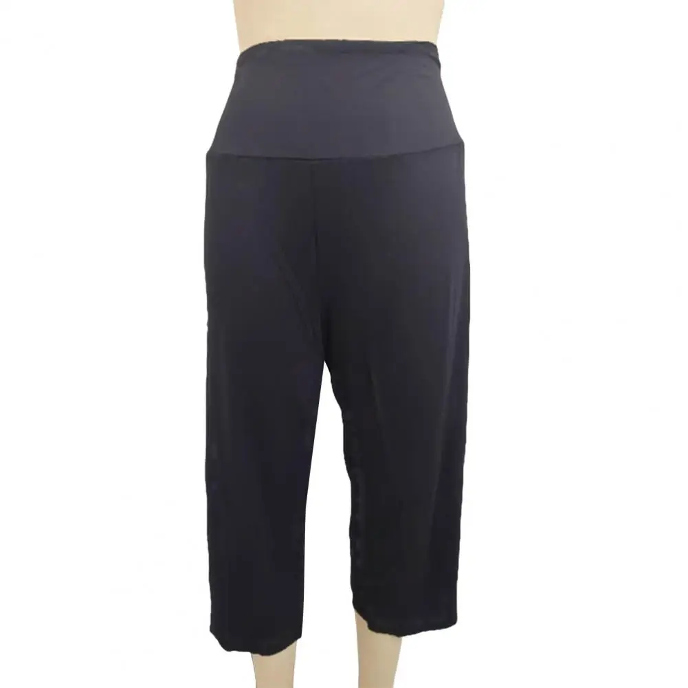 Pantalones recortados de pierna ancha para mujer, pantalones cortos de cintura alta elástica, ajuste suelto, pantalones de ocio con bolsillos, elegante, Color sólido