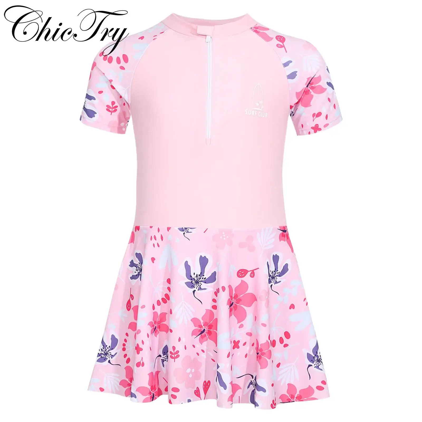 

Kids Girls Swim Dress One-Piece Swimsuit Bathing Suit Zipper Front Floral Printed Dress for Swimming Vacation Beach Water Park
