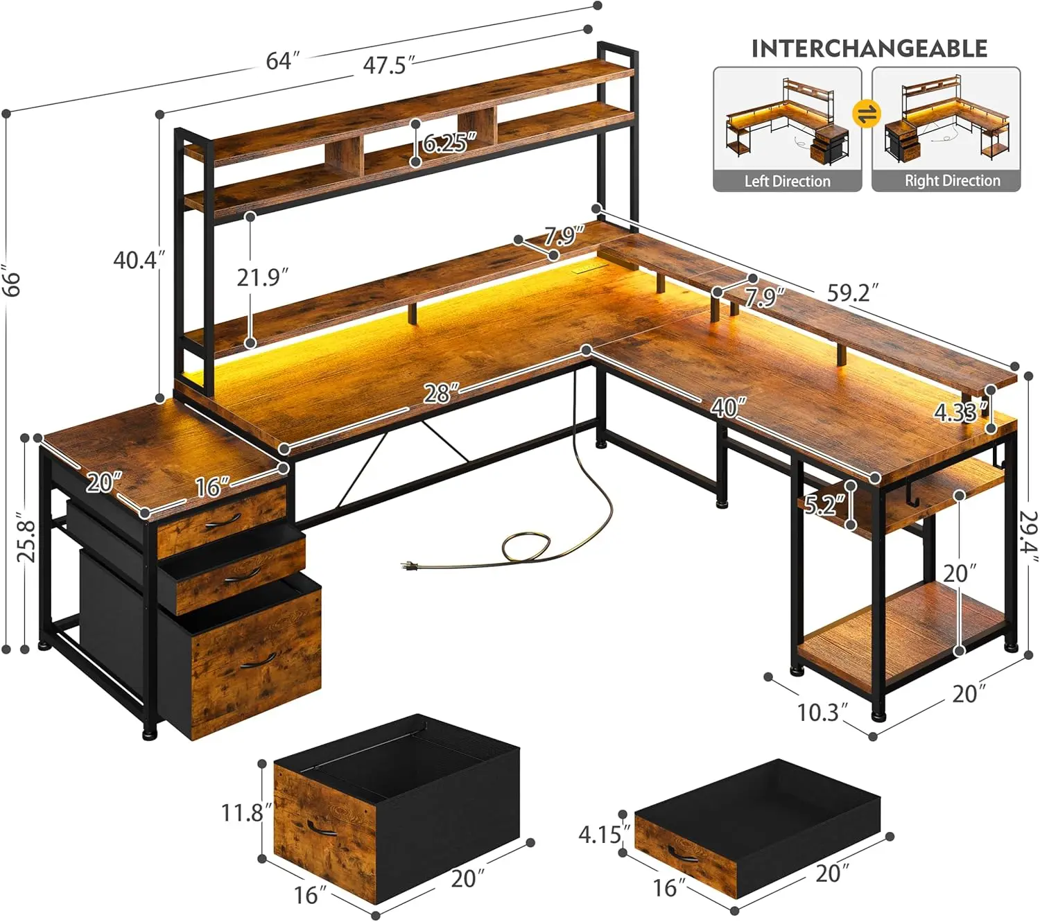 EnHomee L Shaped Desk with Drawers Large L Shaped Gaming Desk with LED & Storage Shelf Reversible Gaming Desk