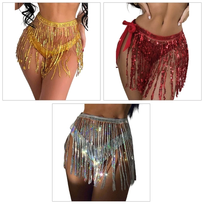 

Womens Belly Dance Skirt Sequins Tassels Fringed Hip Scarf Wrap Mini Skirts Club Festival Halloween Costume