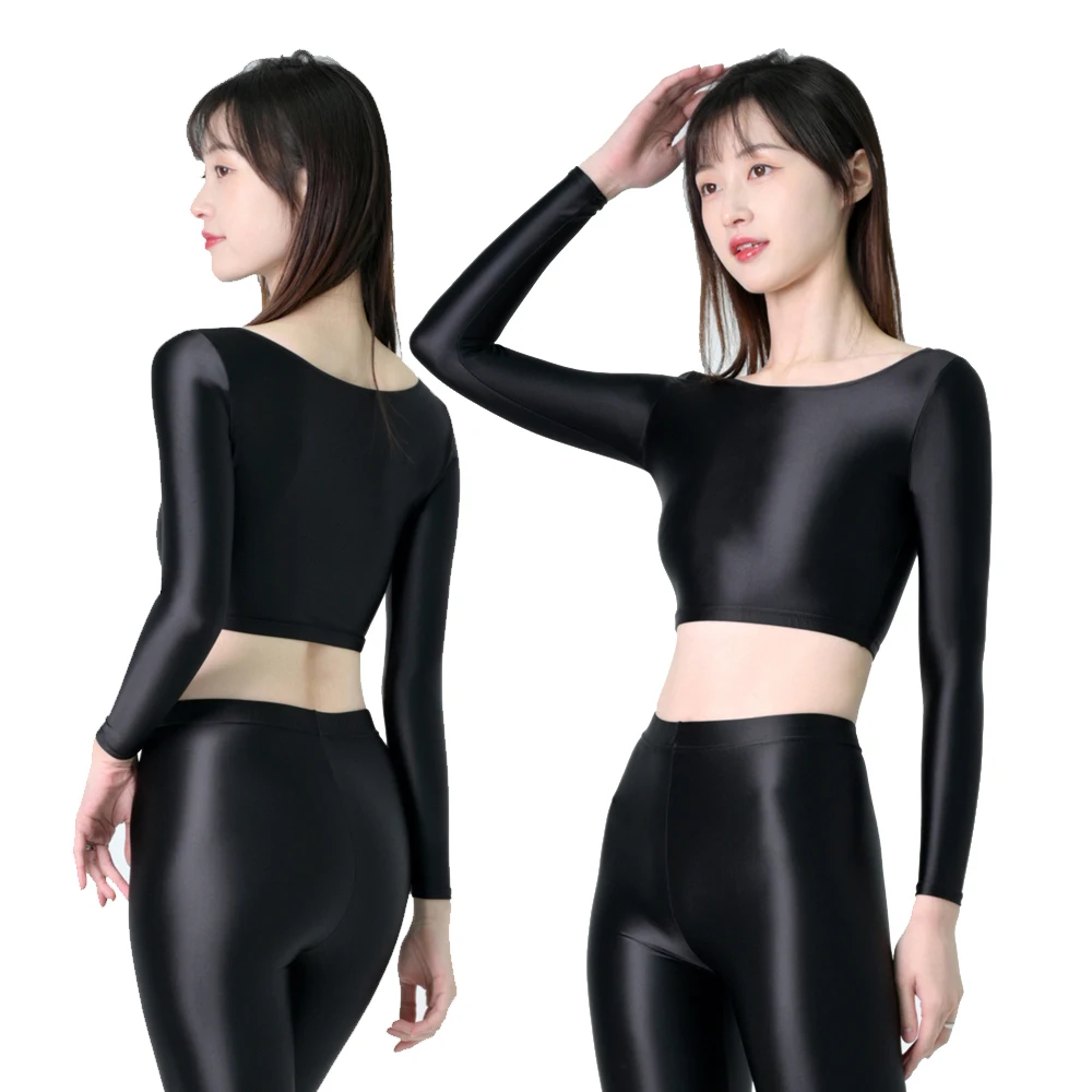 Women's Satins T-shirts Swimwear Shiny Glossy Bodysuit Tank Super Smoothy Long Sleeve Yoga Opaque Tops Tights