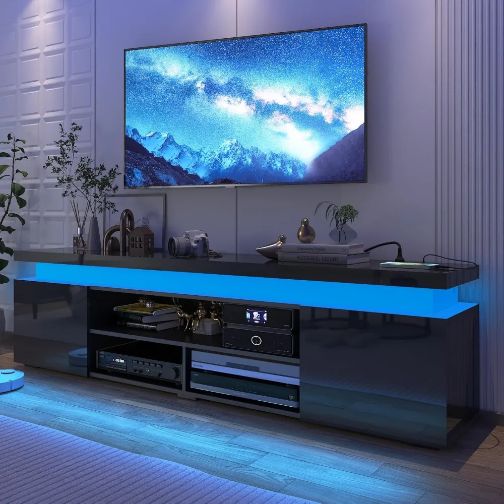 LED TV Stand for 85 Inch TV, Modern TV Stand with Power Outlet, High Gloss TV Console Entertainment Center with Storage and LED