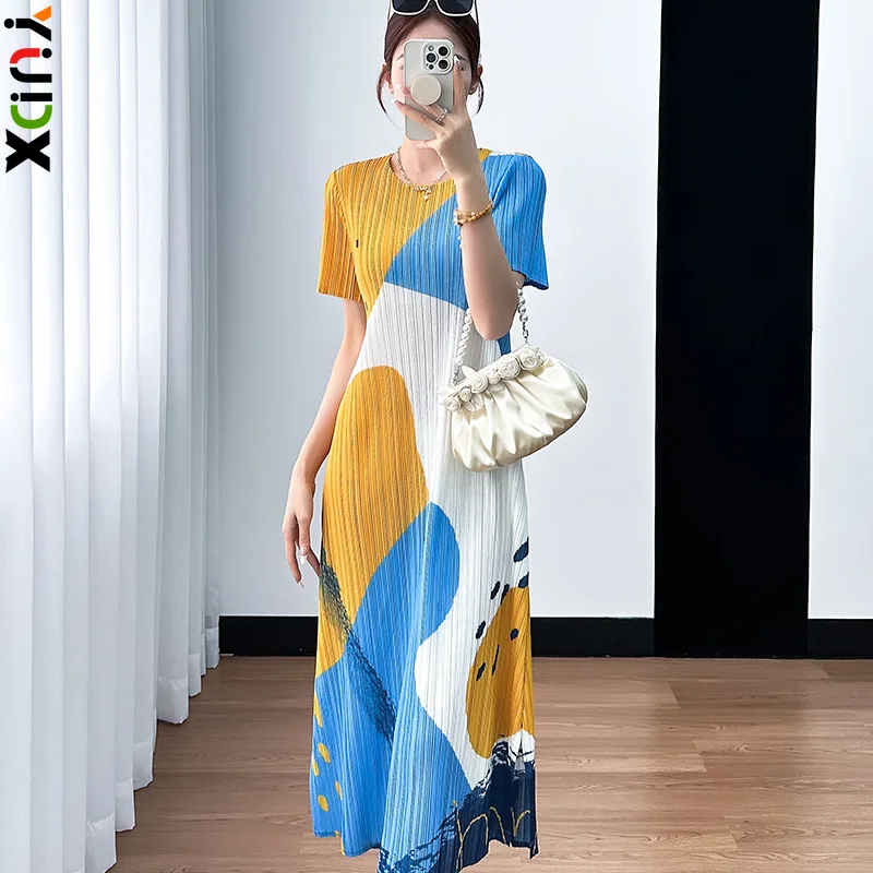 

YUDX Miyake Pleated Skirt Women Fashion Printed High-end Casual Short-sleeved Round Neck Mid-length Dress 2024 Summer New