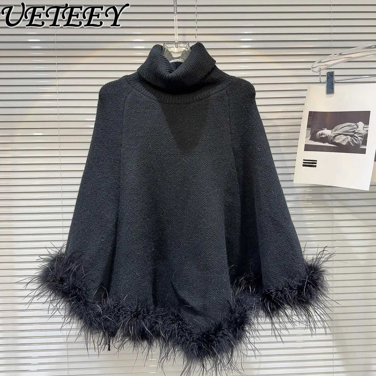 Autumn and Winter New Hepburn Style Black Bat Knitted Sweater Ostrich Rough Edge Solid Color Turtleneck Cape Pullover