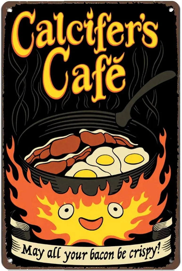 Calcifers Cafe May All Your Bacon be Crispy Vintage Poster Metal Tin Signs Iron Painting Plaque Wall Decor Bar Club Novelty Funn