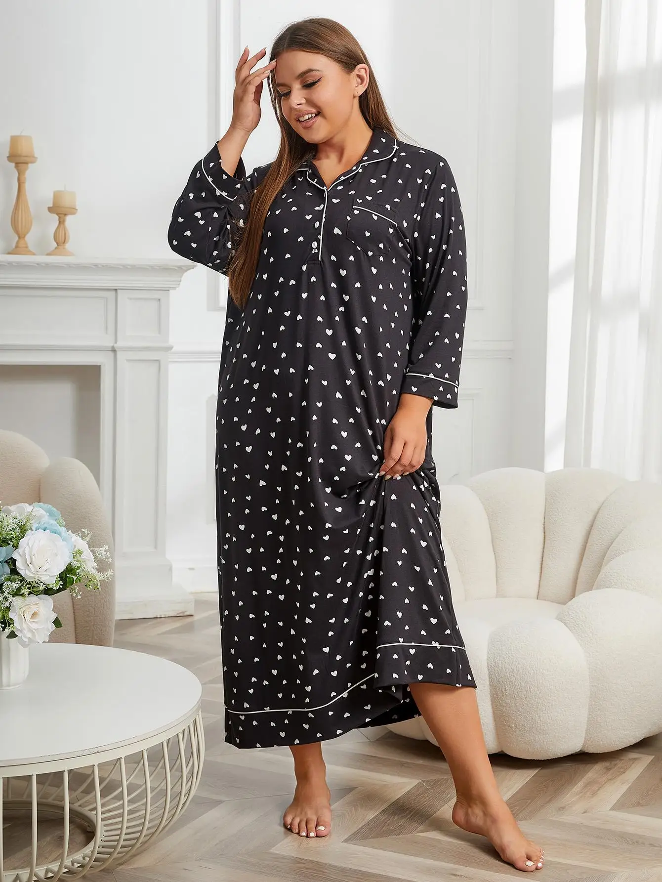 Plus Size Women Nightgown Notched Collar Female Sleepwear Dress Long Sleeve Fall Nightwear Front Button Homwear Clothing