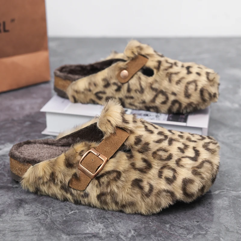 ليوبارد طباعة أفخم نِعال من الفراء للجنسين الشتاء الفلين النعال داخلي المنزل أحذية الانزلاق على الصنادل مع مشبك قابل للتعديل مغلق اصبع القدم #1