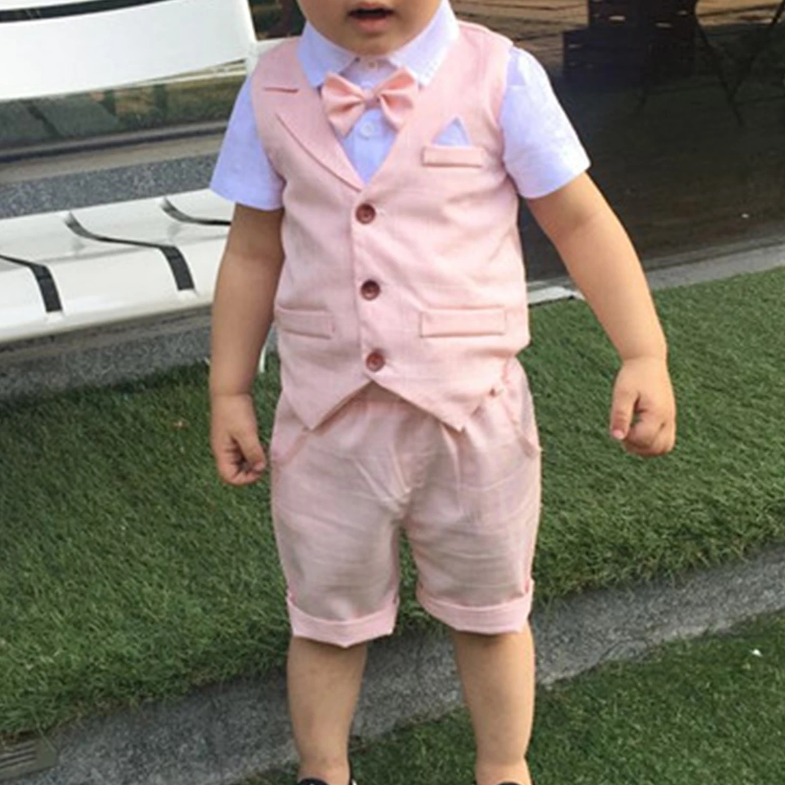 Little Boys Baby Formal Suits Wedding Gentleman Bow Tie Shirt Waistcoat Fake Two-Piece Tops with Shorts Gentleman Outfits