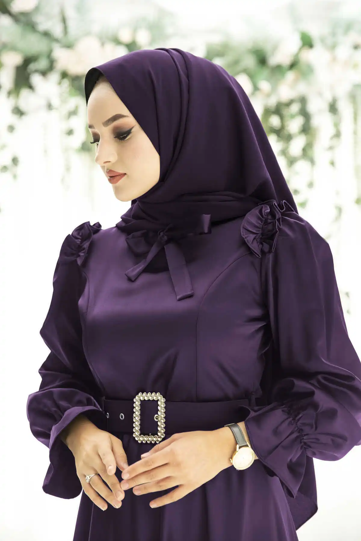 Kemerli Satin Evening Dress Purple