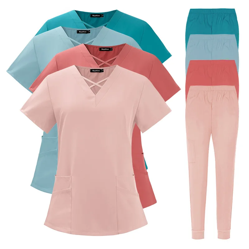 Quallity Women Nurse Uniform with Pocket Beauty Salon Work Uniforms Short-sleeved Health Services Work Wear Medical Scrubs