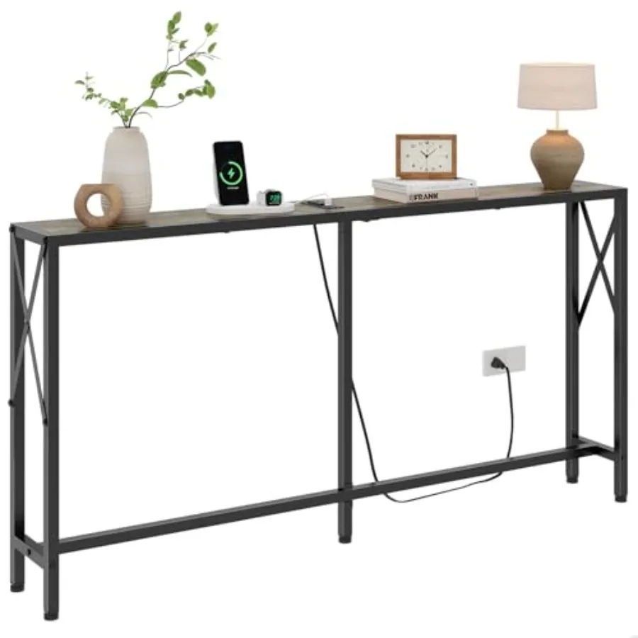 

Sofa Table with Outlets and USB Ports, 55.1 Industrial Long Skinny Stand for Hallway Living Room Bedroom, Black Metal, Built-in