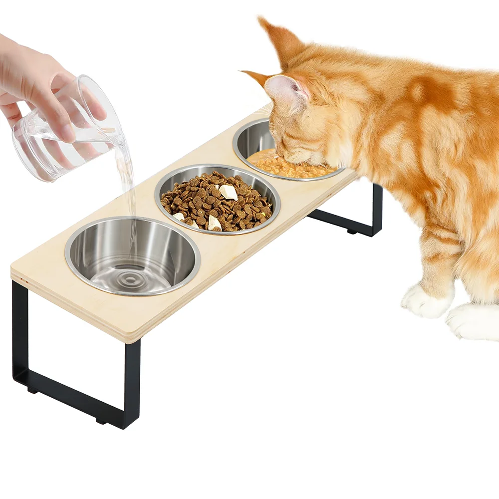

Elevated Cat Bowls with 3 Stainless Steel Bowls 15° Tilted Anti-Vomiting Raised Food Bowls for Cats and Puppies Pet with Stand