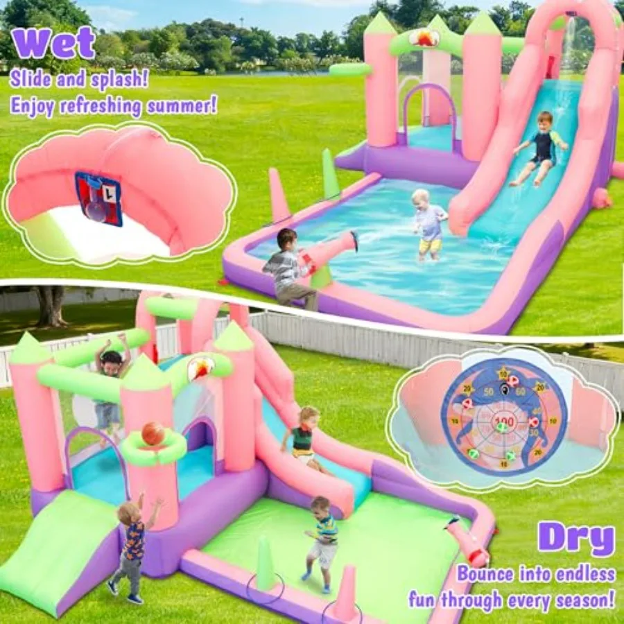 Backyard inflatable water slide and park with blower; PVC material, blue and yellow; 9-in-1 bouncy castle for kids aged 3-6 fea