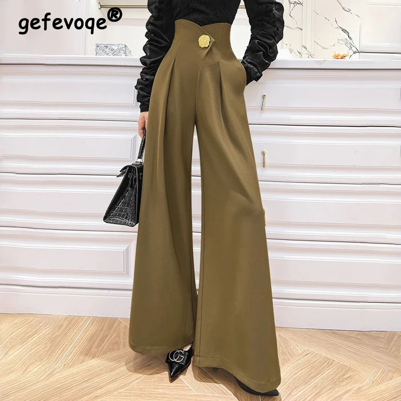 

Women Clothes Spring Autumn Fashion Office Lady Elegant Pleated Wide Leg Pants High Waist Temperament Trousers Solid Pantalones