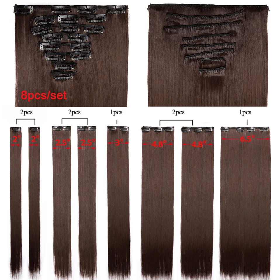 BENEHAIR-Extension de Cheveux Synthétiques à Clips pour Femme, Postiche Longue et Lisse, Faux Cheveux, Rouge, Noir, Marron, 23/26 \