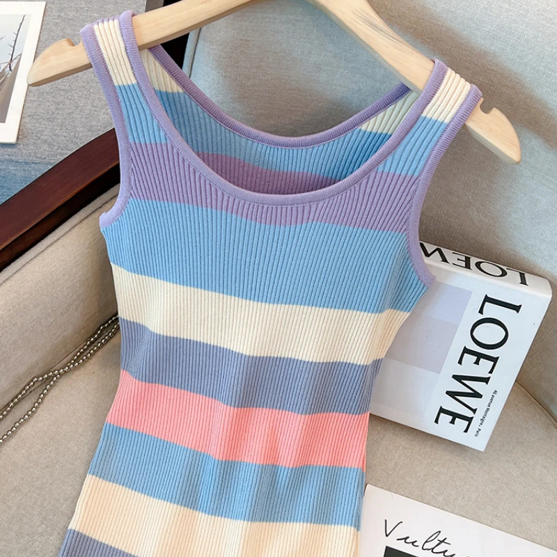 Vestido largo de punto sin mangas para mujer, traje con tirantes, rayas arcoíris, cintura elástica, ajustado, verano, 2024