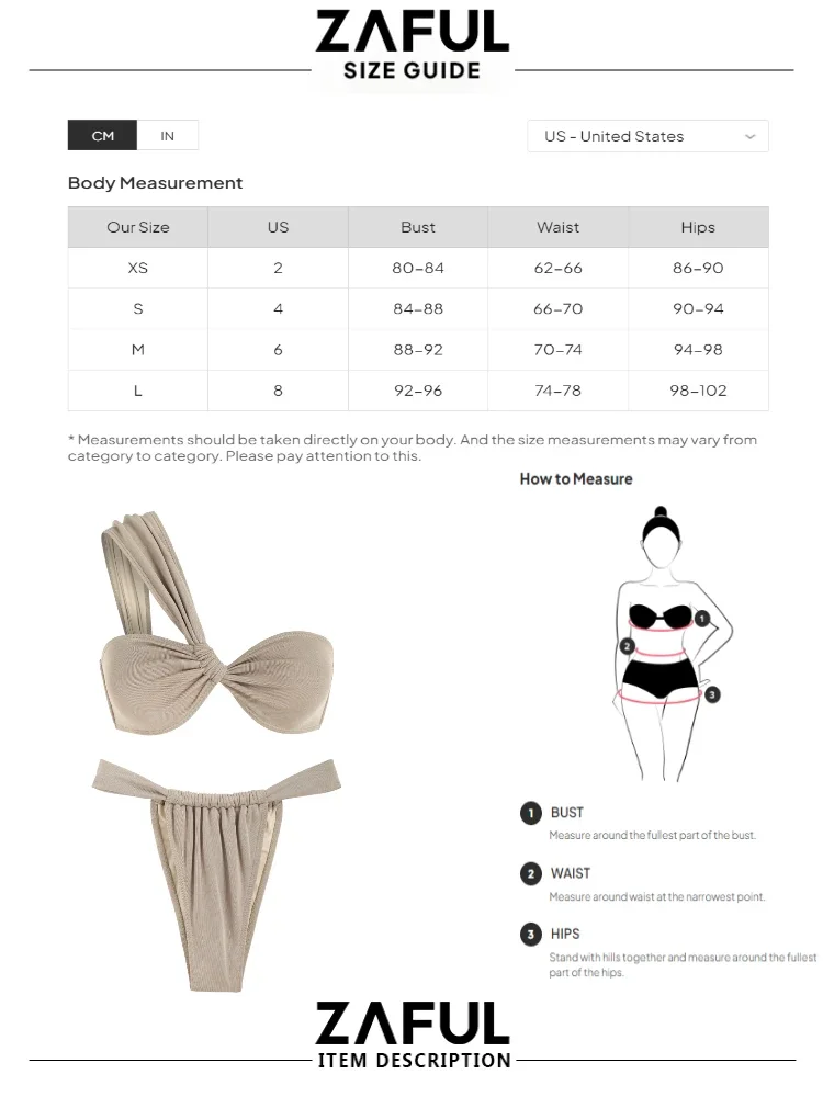 ZAFUL Women\'s One Shoulder Swimsuit Tanga Bikini Set Two Piece Swimwear Solid Color Padded Bikini Top Bra BriefsBottom Sexy