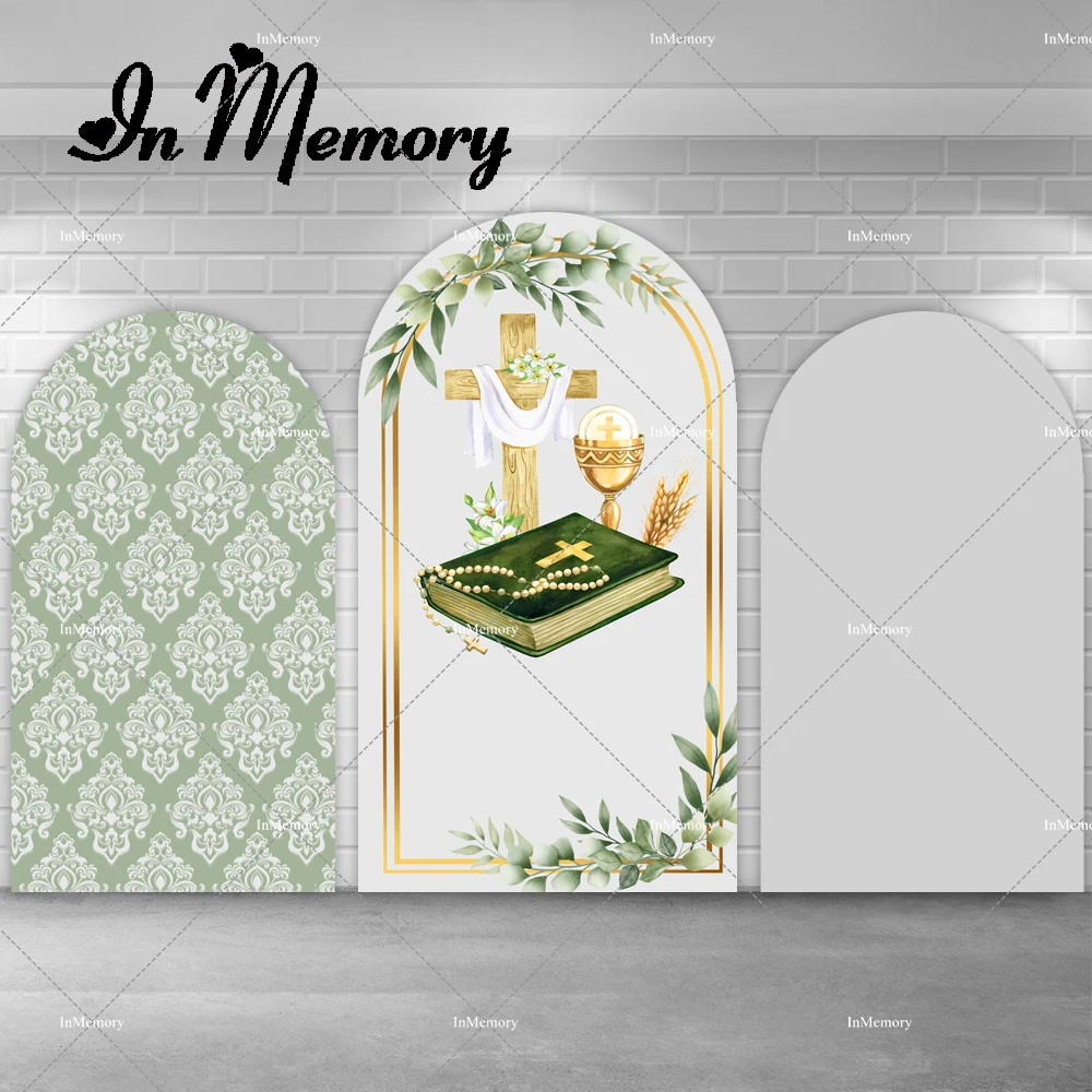 

Kids Baptism Arch Backdrop Cover First Holy Communion Chiara Wall Backgrounds Green Leaves Cross Arched Banner Double-sided