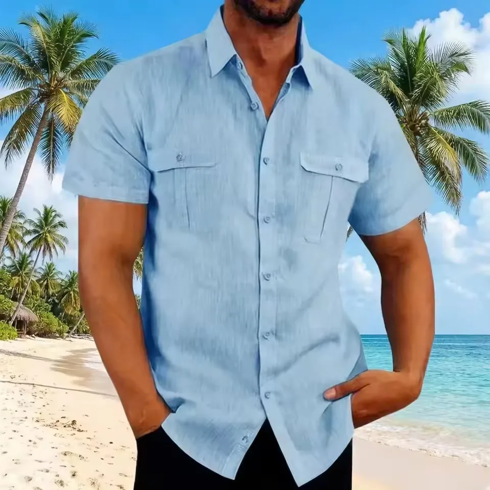 Image of Herren Sommer Baumwoll-Leinen Kurzarm Cargo-Hemd mit Doppel-Brusttasche, Knopfleiste, Arbeitshemd, Locker Geschnitten, Lässige Strandbluse, Übergröße