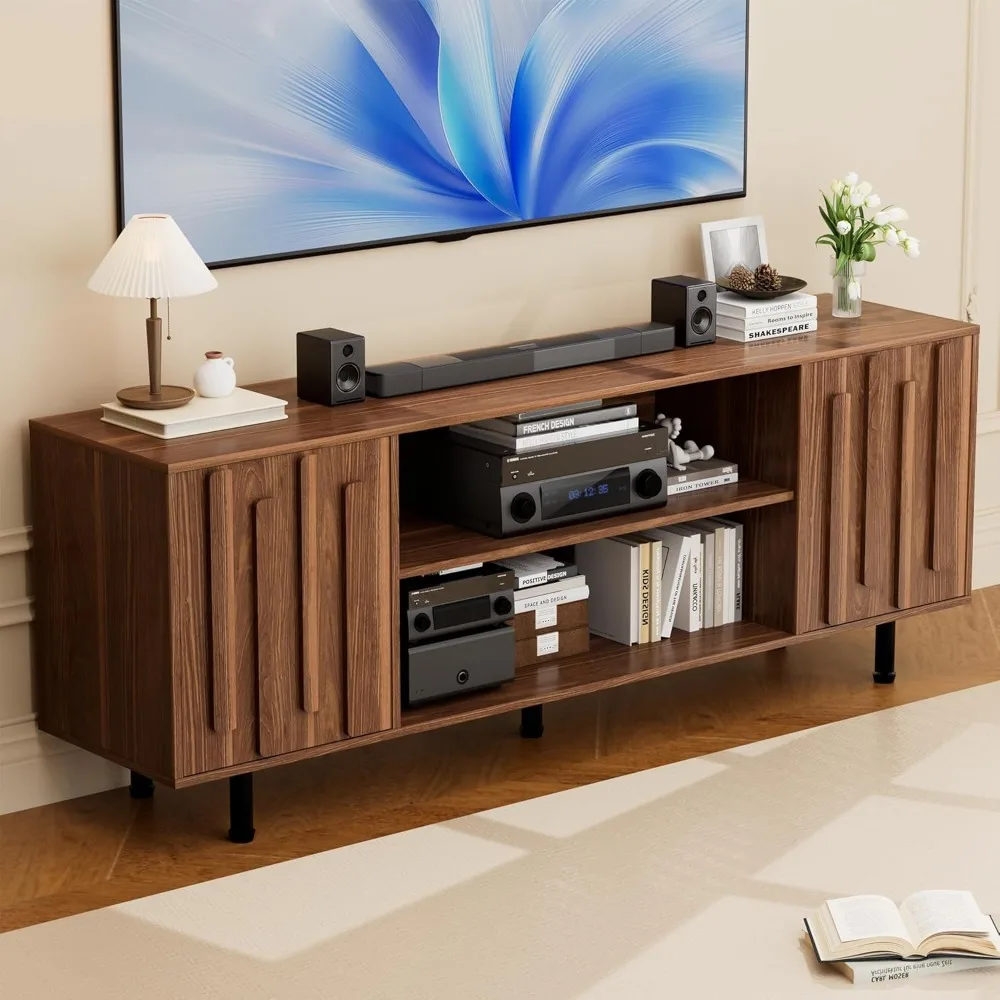 

59 TV Stand for 55 60 65 Inch TV, Entertainment Center with Storage Cabinet and Adjustable Shelves, Modern Mid-Century Wood TV C
