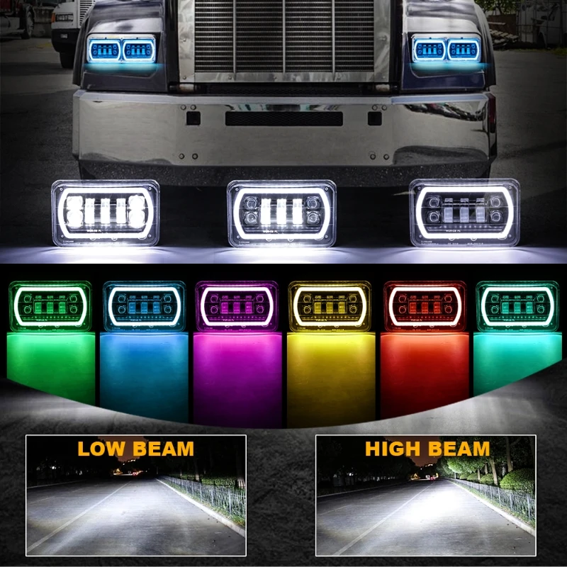 4x6 Inch Aluminum Alloy Headlights Rectangular Car Light with RGB Music Mode Seal Beam Replacement （4Pcs/Set)