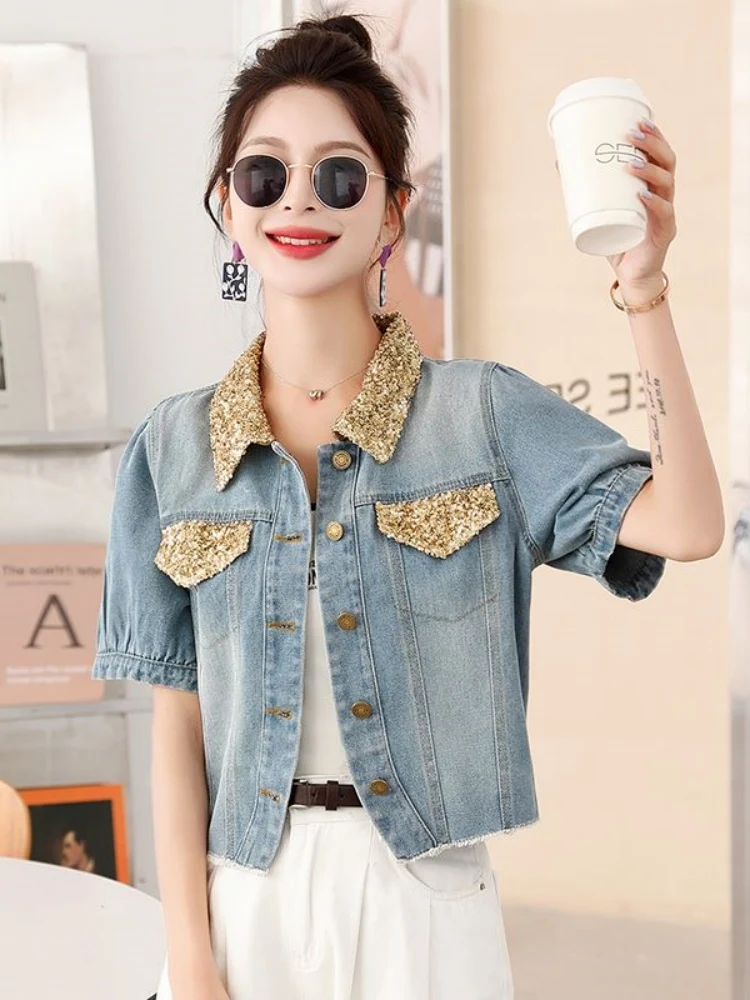 Hong Kong Sle ort Sve Denim irt Jaet Women's Summer Thin Retro Design Small Size Fraance Wind Top Button up Coat