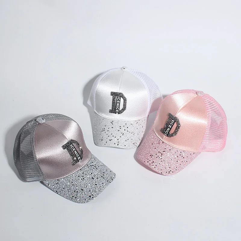 Children Girls Rhinestone Sequin Letter A D Baseball Cap Summer Girl Female Snapback Hip Hop Caps Adjustable Sun Hat