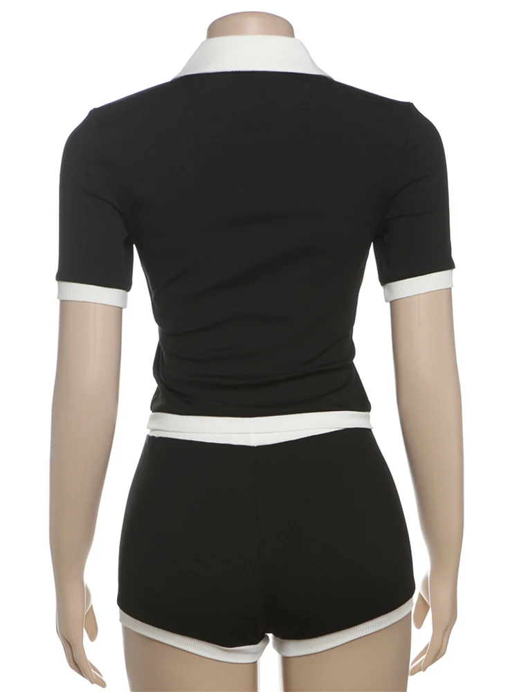 Cutenew Set da 2 pezzi da donna abbinato casual con pannelli giornalieri Top monopetto a maniche corte + pantaloncini slim Completo da strada femminile