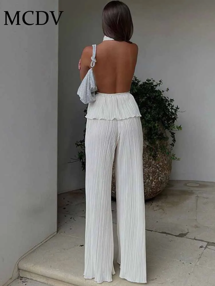 Mcdv chique plissado conjunto de duas peças feminino sexy halter sem mangas sem costas regata e calças de perna larga 2025 roupas elegantes de verão