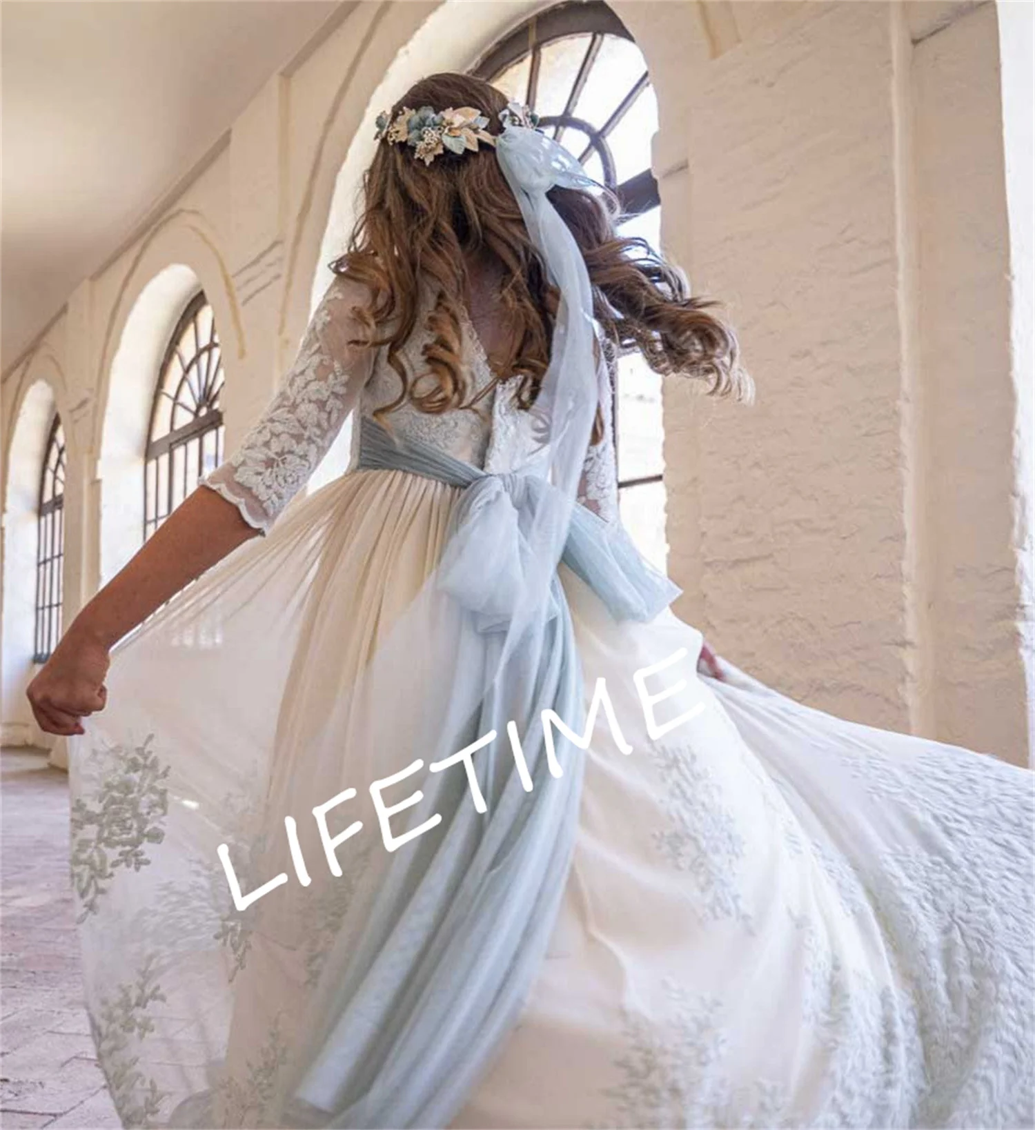 Communion Flower Girl Dress for Kid Vintage Princess Lace Floral Ribbon Belt Bridemini Wedding Bridesmaid Cotton Gown