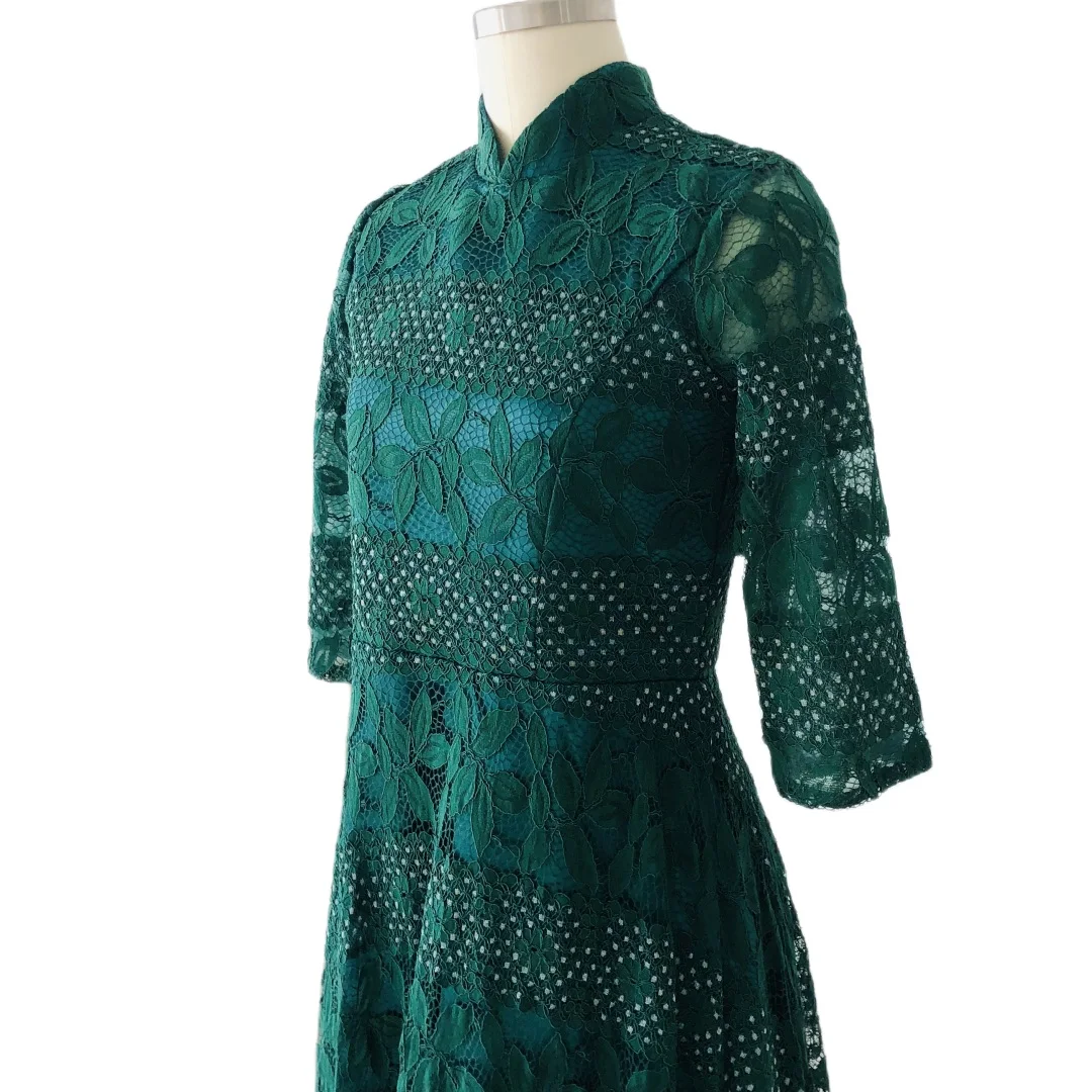 É Yiiya-vestido de noite plissado para mulheres, renda verde, zíper, linha A, comprimento do chão, pescoço alto, vestido de festa, plus size, ZP028