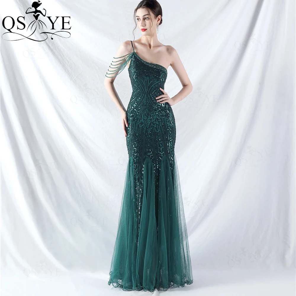 One Shoulder Emerald Prom Dress Mermaid Crystal Beaded Strings Pattern Sequin Lace Evening Dress Tulle Bottom Green  Formal Gown