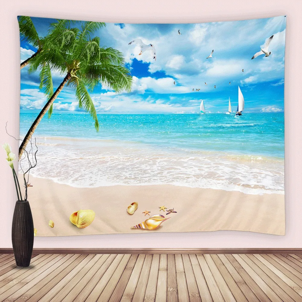 Ocean Beach Tapestry Tropical Seaside Palm Trees Waves Starfish Shell Summer Landscape Wall Hanging Art Living Room Home Decor