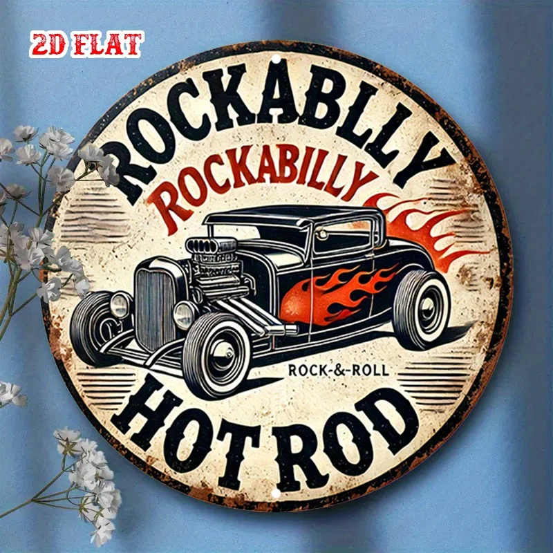 2D flaches 1-teiliges rundes Rockabilly-Holzlogo, Retro-Flammendesign und klassisches Auto-Thema, perfekt für Zuhause und Garage