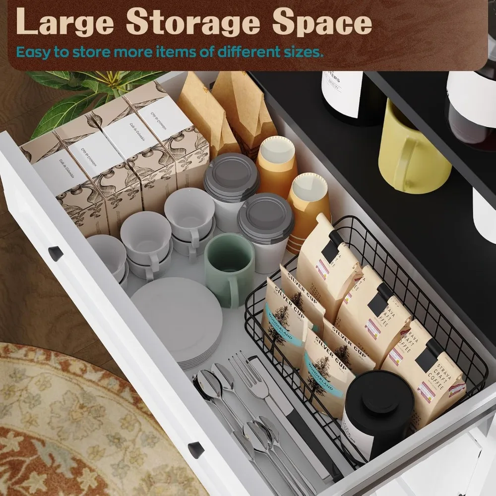 Large Capacity Farmhouse Style White Metal Storage Cabinet with Magnetic Doors, Adjustable Shelves, Kitchen Sideboard