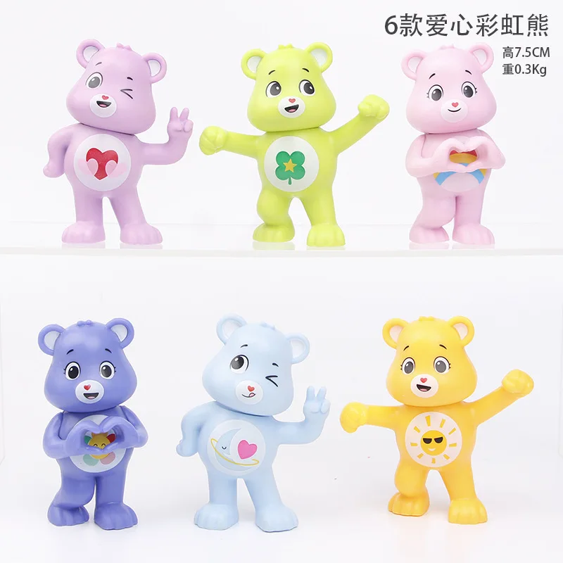 Anime Love Rainbow Bear 6-Piece Figure Collection: Colorful Little Bear Plush Doll Ornament, a Gift for Children