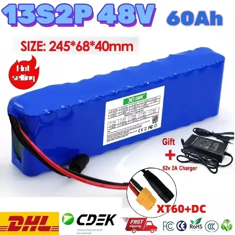 

48V 60Ah 18650 Lithium Battery Pack 13S2P 1000W High Power Battery for 54.6V 250W 350W 500W 750W ebike Motor Kit With Charger