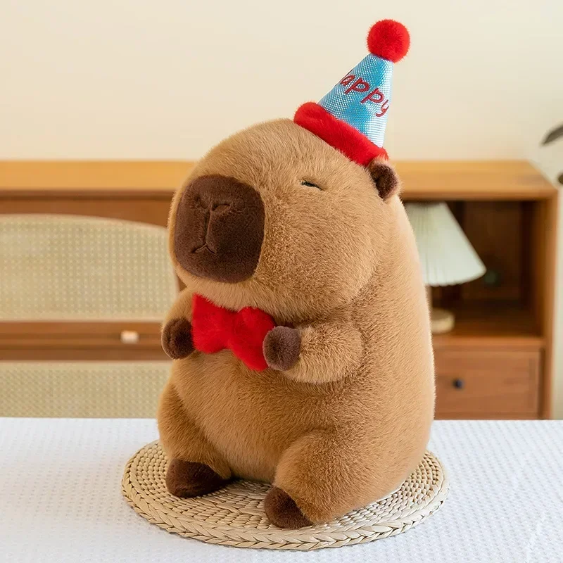 Novo 30-50cm bonito capivara pelúcia com chapéu feliz arco vermelho kawaii marrom capivara pelúcia aniamls brinquedos presentes de aniversário crianças
