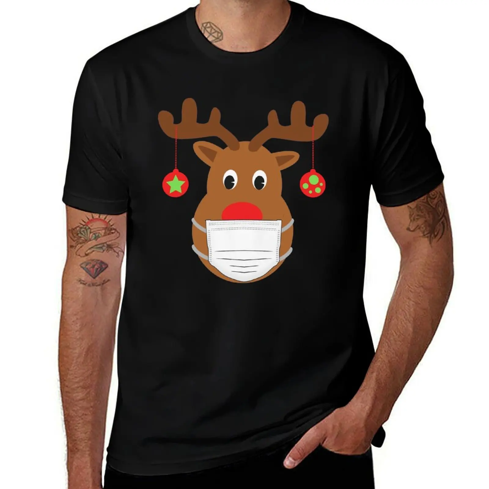 

Big Face Reindeer Wearing Face Mask and Christmas Ornaments T-Shirt t shirt man plain t shirts for man cotton funny T-Shirt