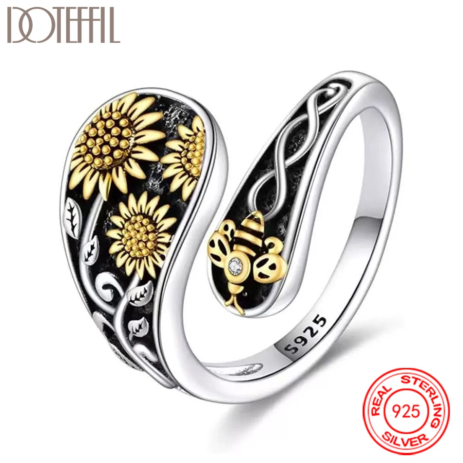 925 Sterling Silver Bee Daisy Ring Adjustable Bohemian Vintage Style Women Jewelry