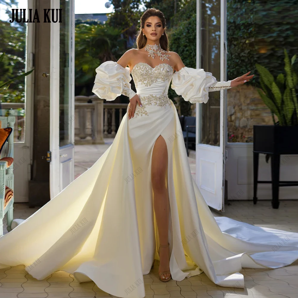 Julia Kui Luxurous Satin Ruched Pleats Sweetheart Trumpet Wedding Dress Beading Appliques 2 In 1 Bridal Gowns Vestido De Novia